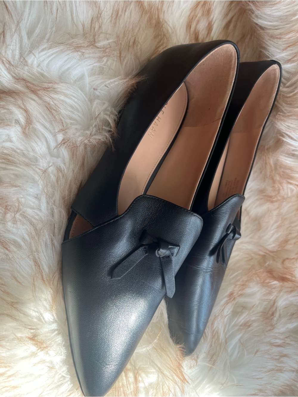 Cole Haan Pointed Toe Black Leather Loafer with Knot Detail — Women